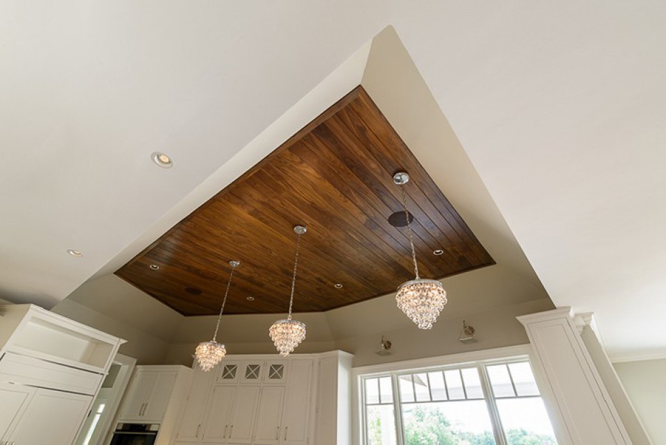 Walnut Ceiling. Painted Trim and Mouldings.